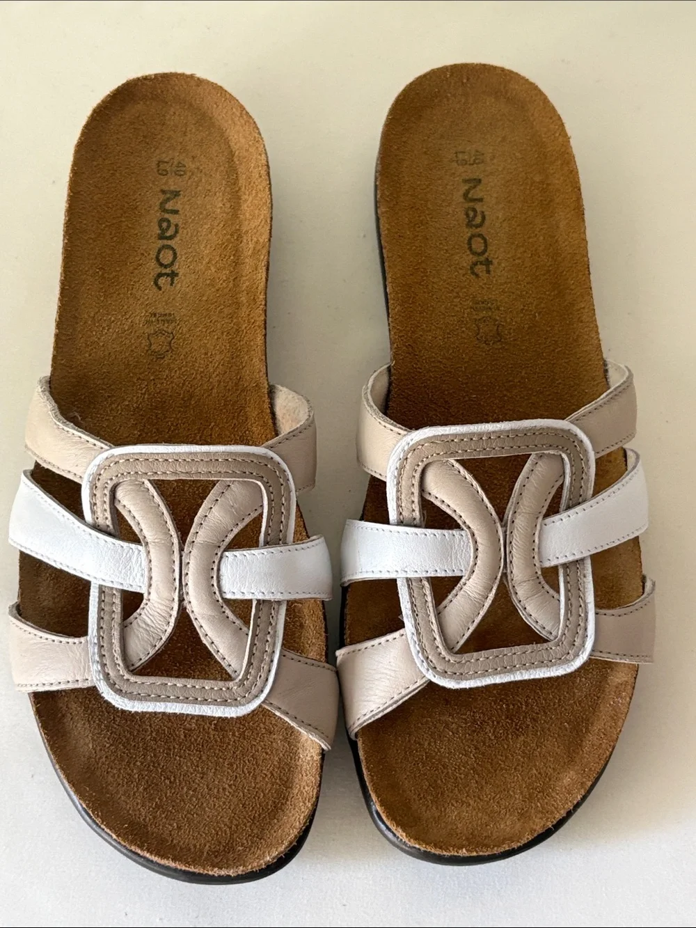 Naot Liv Leather Slide Sandals Features Geometric Buckle Design & Sueded Footbed